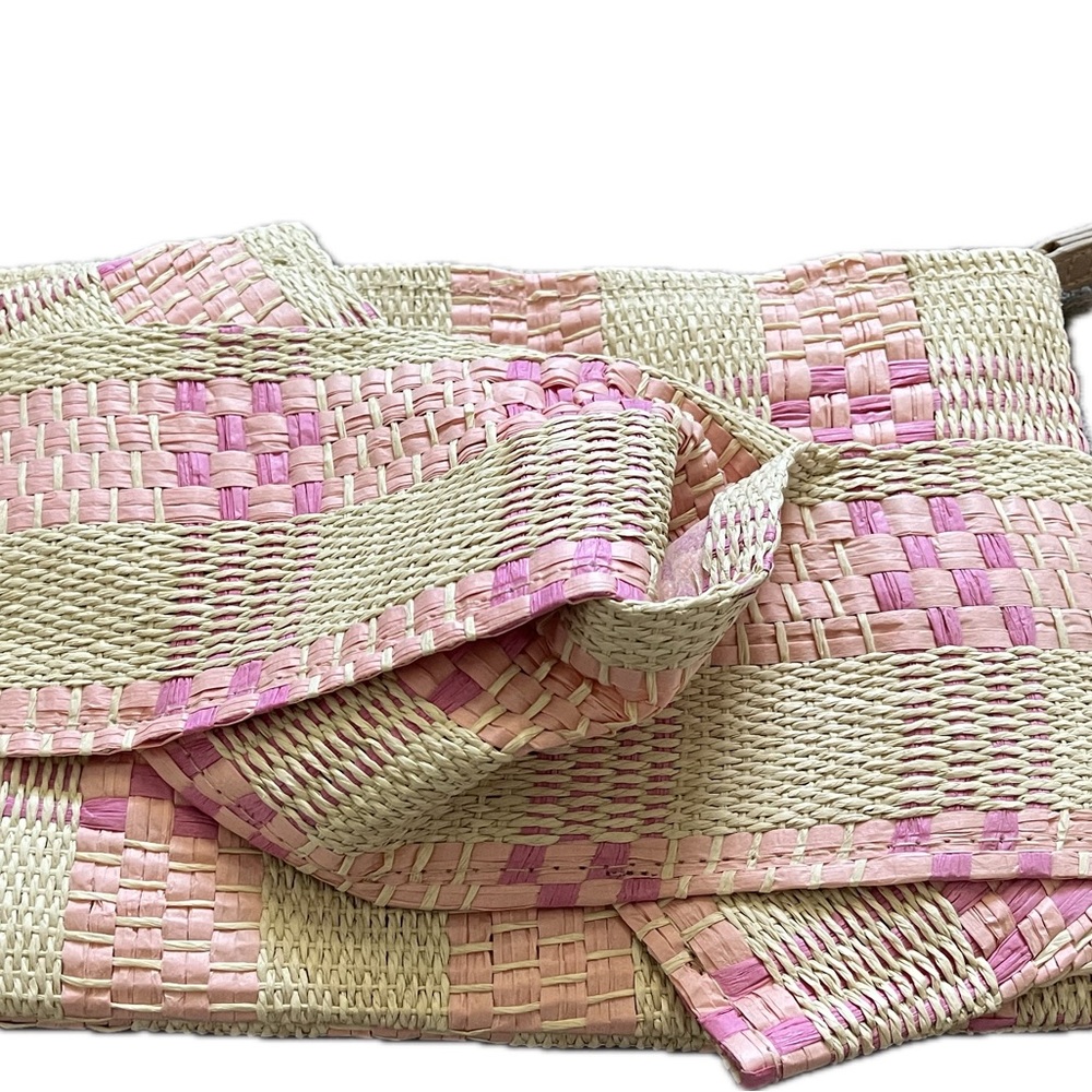 NWT A New Day Center Bow Straw Clutch Purse Bag Zip Top Tan Pink Purple